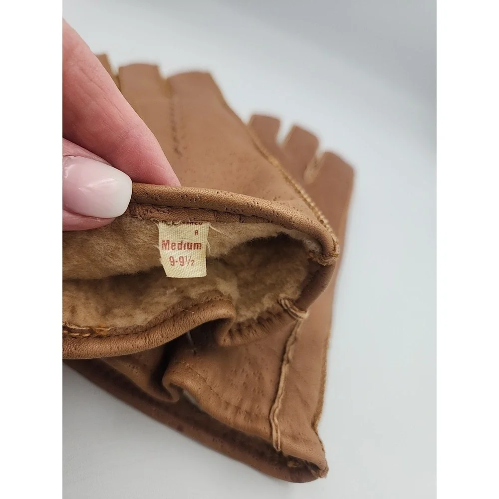 Vtg Tan Leather‎ Gloves With Sherpa Lining Size Med 9-9.5